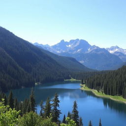 A beautiful landscape with a serene lake surrounded by lush green forests and majestic mountains in the background under a clear blue sky