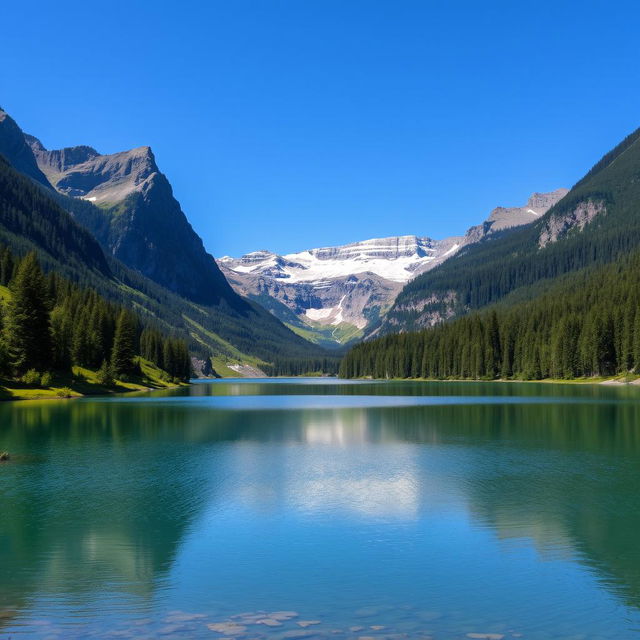 A beautiful landscape with a serene lake surrounded by lush green forests and majestic mountains in the background under a clear blue sky