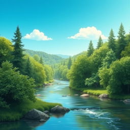 Create a beautiful and serene landscape featuring a lush green forest, a calm river flowing through it, and a clear blue sky with a few fluffy white clouds