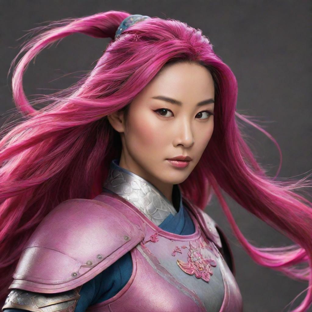 Mulan, the legendary Chinese warrior, with vibrant pink hair flowing, decked out in her typical armor