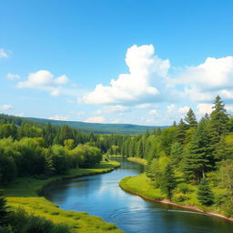 Create a beautiful and serene landscape featuring a lush green forest, a calm river flowing through it, and a clear blue sky with a few fluffy white clouds