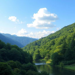 Create a beautiful and serene landscape featuring a lush green forest, a calm river flowing through it, and a clear blue sky with a few fluffy white clouds