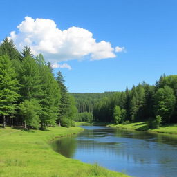 Create a beautiful and serene landscape featuring a lush green forest, a calm river flowing through it, and a clear blue sky with a few fluffy white clouds