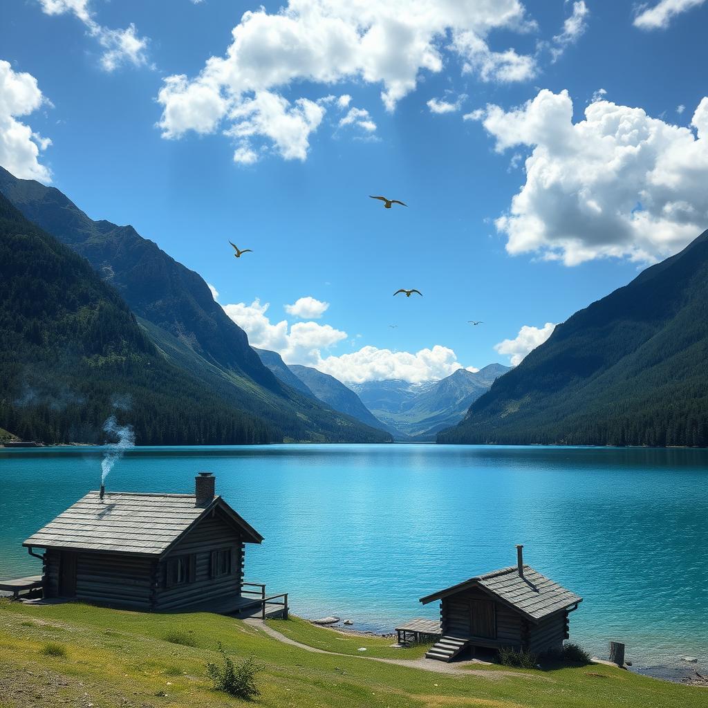 A serene landscape featuring a clear blue lake surrounded by lush green mountains and a bright sky with fluffy clouds