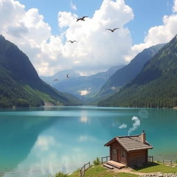 A serene landscape featuring a clear blue lake surrounded by lush green mountains and a bright sky with fluffy clouds