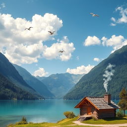 A serene landscape featuring a clear blue lake surrounded by lush green mountains and a bright sky with fluffy clouds