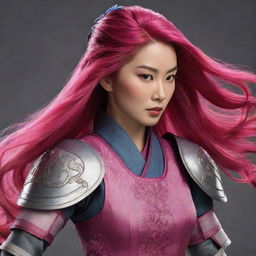 Mulan, the legendary Chinese warrior, with vibrant pink hair flowing, decked out in her typical armor