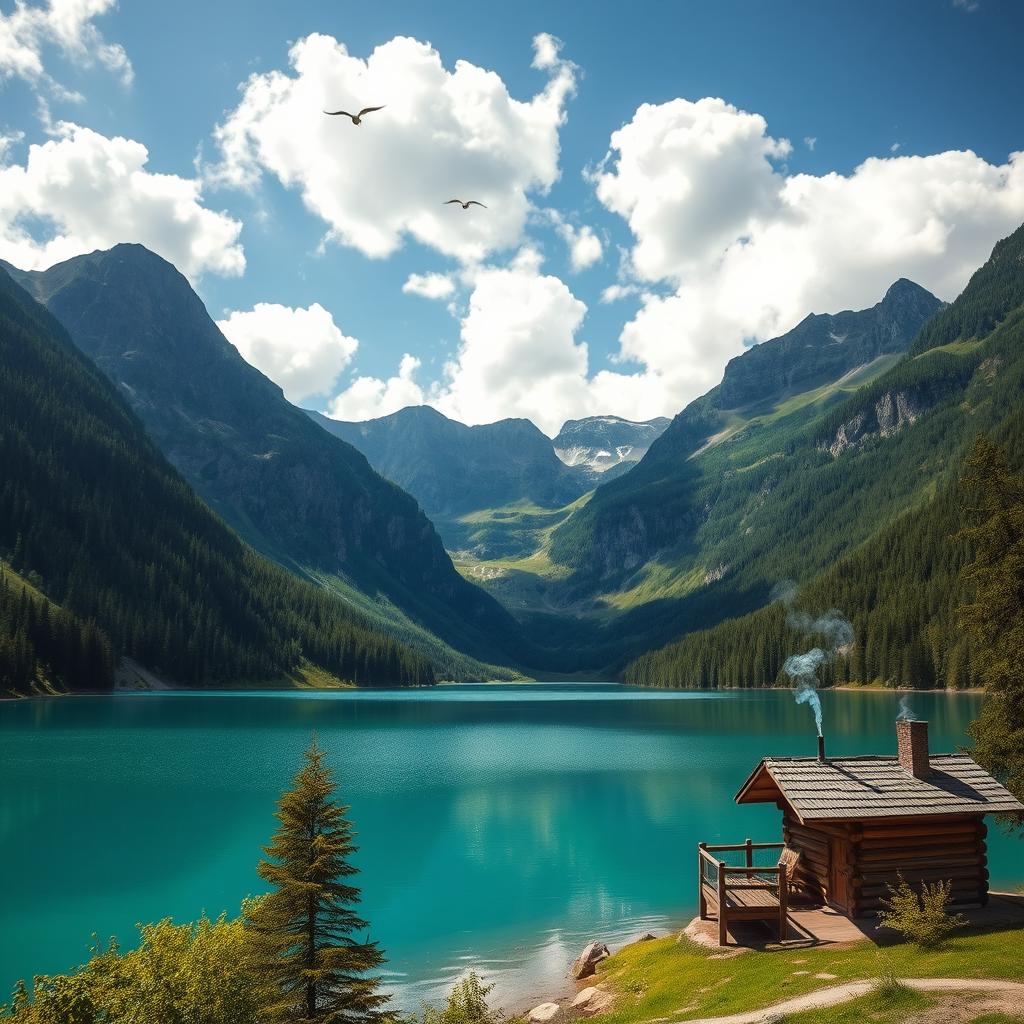 A serene landscape featuring a clear blue lake surrounded by lush green mountains and a bright sky with fluffy clouds