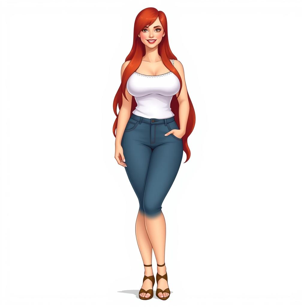 A tall, 6ft female with long, red hair and a curvy figure