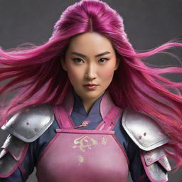 Mulan, the legendary Chinese warrior, with vibrant pink hair flowing, decked out in her typical armor