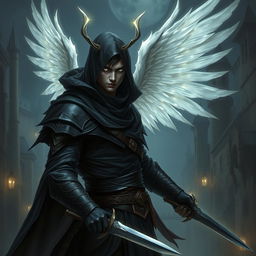 A male aasimar assassin rogue, with celestial features, glowing eyes, and ethereal wings