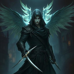 A male aasimar assassin rogue, with celestial features, glowing eyes, and ethereal wings