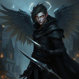 A male aasimar assassin rogue, with celestial features, glowing eyes, and ethereal wings