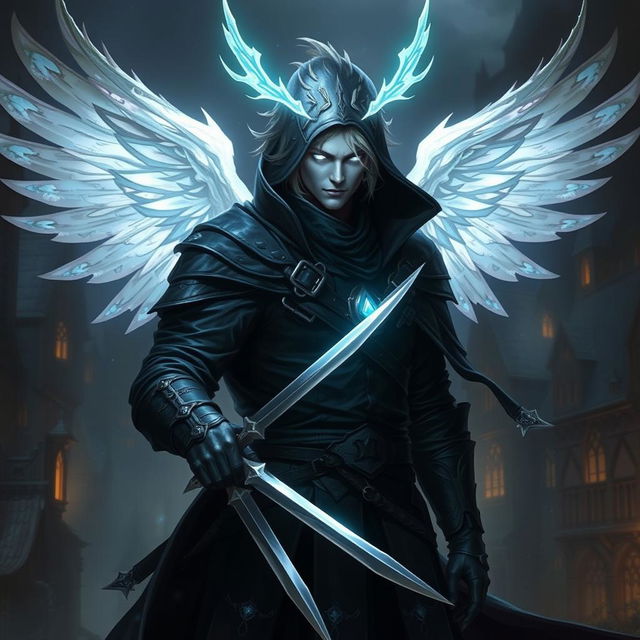 A male aasimar assassin rogue, with celestial features, glowing eyes, and ethereal wings