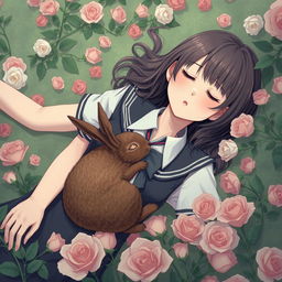 A teenage girl in a school uniform is laying down in a bed of roses with her arm open and eyes closed