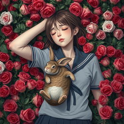 A teenage girl in a school uniform is laying down in a bed of roses with her arm open and eyes closed