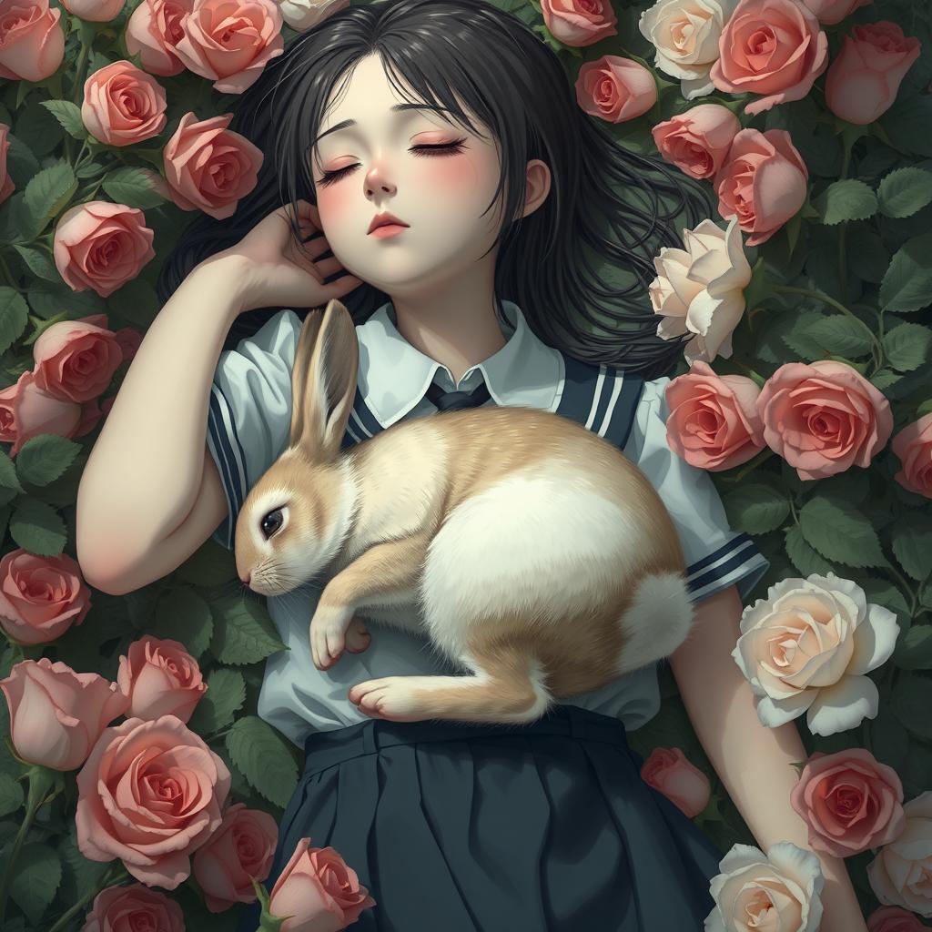 A teenage girl in a school uniform is laying down in a bed of roses with her arm open and eyes closed