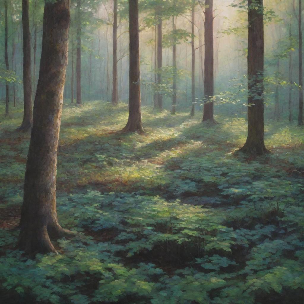 A mesmerizing view of a serene forest at dusk with dappled sunlight filtering through the dense foliage, painting ethereal patterns on the forest floor.