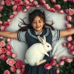 A whole-body view of a teenage girl in a school uniform laying in a bed of roses with both her arms open