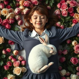 A whole-body view of a teenage girl in a school uniform laying in a bed of roses with both her arms open