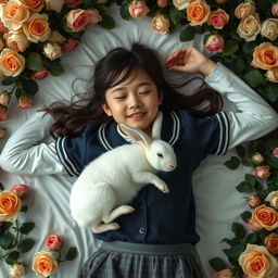 A whole-body view of a teenage girl in a school uniform laying in a bed of roses with both her arms open