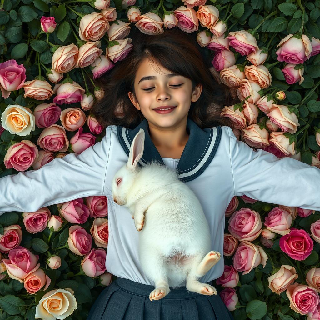 A whole-body view of a teenage girl in a school uniform laying in a bed of roses with both her arms open