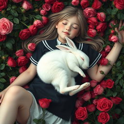 A whole-body view of a teenage girl in a school uniform laying in a bed of roses with both her arms open