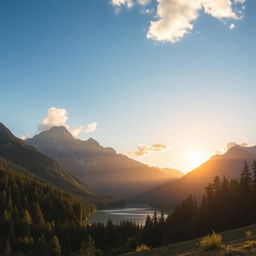 A beautiful landscape featuring a serene lake surrounded by lush green forests and majestic mountains in the background