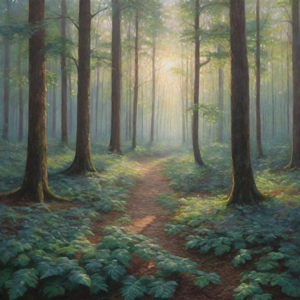 A mesmerizing view of a serene forest at dusk with dappled sunlight filtering through the dense foliage, painting ethereal patterns on the forest floor.