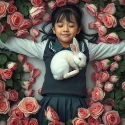 A whole-body view of a teenage girl in a school uniform laying in a bed of roses with both her arms open