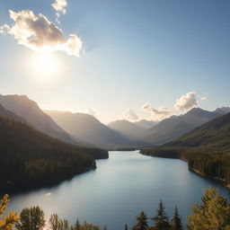 A beautiful landscape featuring a serene lake surrounded by lush green forests and majestic mountains in the background