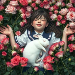 A whole-body view of a teenage girl in a school uniform laying in a bed of roses with both her arms open