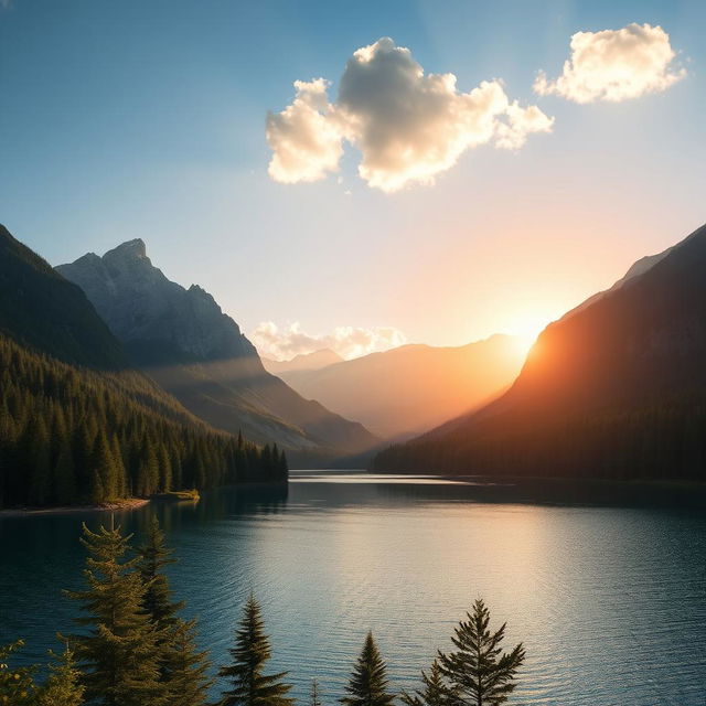 A beautiful landscape featuring a serene lake surrounded by lush green forests and majestic mountains in the background