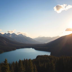 A beautiful landscape featuring a serene lake surrounded by lush green forests and majestic mountains in the background