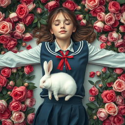 A whole-body view of a teenage girl in a school uniform laying in a bed of roses with both her arms open