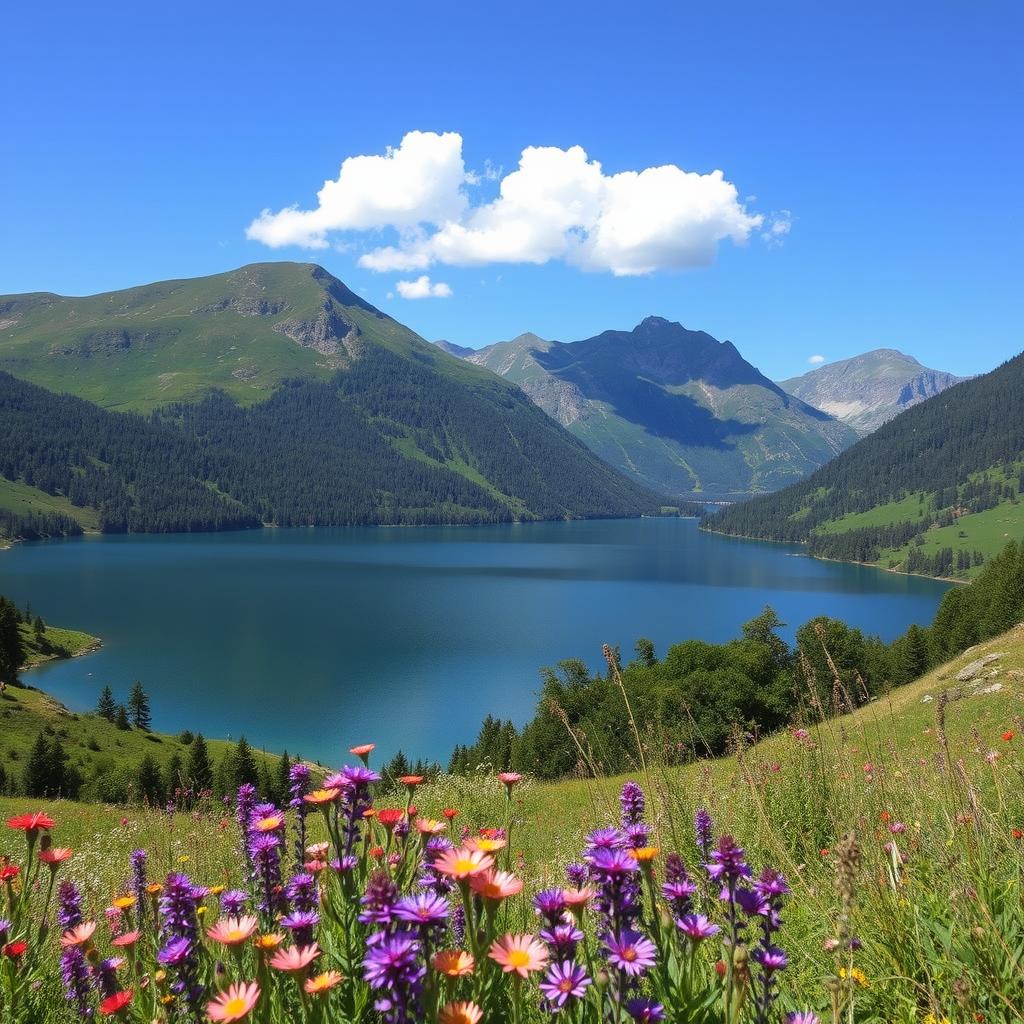 A beautiful landscape featuring a serene lake surrounded by lush green mountains under a clear blue sky