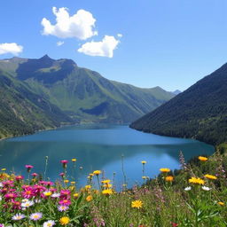 A beautiful landscape featuring a serene lake surrounded by lush green mountains under a clear blue sky