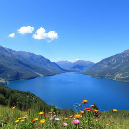 A beautiful landscape featuring a serene lake surrounded by lush green mountains under a clear blue sky