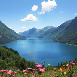 A beautiful landscape featuring a serene lake surrounded by lush green mountains under a clear blue sky