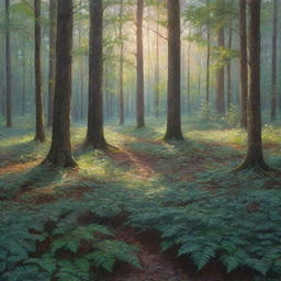 A mesmerizing view of a serene forest at dusk with dappled sunlight filtering through the dense foliage, painting ethereal patterns on the forest floor.