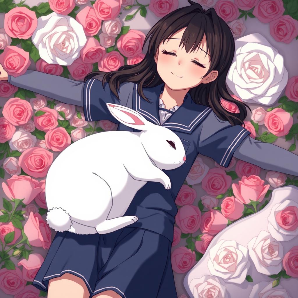 A whole-body view of a teenage girl in a school uniform laying in a bed of roses with both her arms open