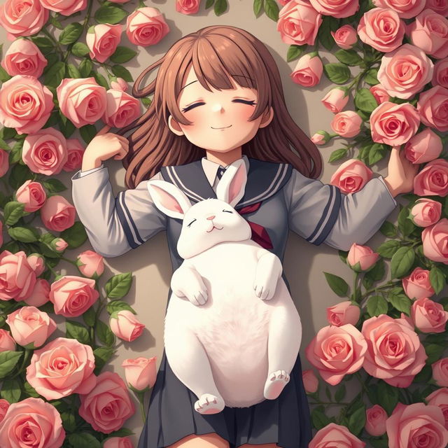 A whole-body view of a teenage girl in a school uniform laying in a bed of roses with both her arms open