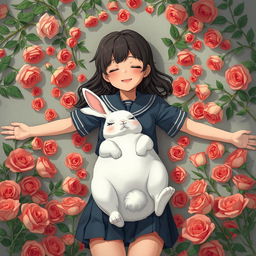 A whole-body view of a teenage girl in a school uniform laying in a bed of roses with both her arms open