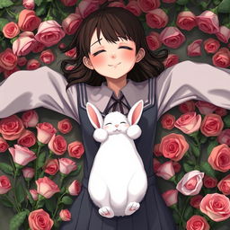 A whole-body view of a teenage girl in a school uniform laying in a bed of roses with both her arms open