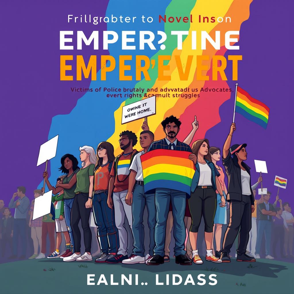 Create a powerful image for a novel cover that represents empowerment for victims of police brutality and advocates for gay rights and community struggles