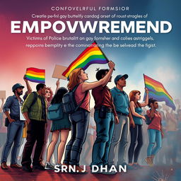 Create a powerful image for a novel cover that represents empowerment for victims of police brutality and advocates for gay rights and community struggles