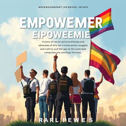 Create a powerful image for a novel cover that represents empowerment for victims of police brutality and advocates for gay rights and community struggles