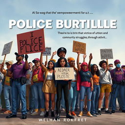 Create a realistic image for a novel cover that focuses on empowerment for victims of police brutality and highlights community struggles through activism