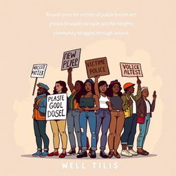 Create a realistic image for a novel cover that focuses on empowerment for victims of police brutality and highlights community struggles through activism