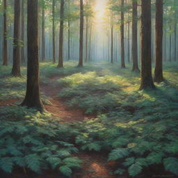 A mesmerizing view of a serene forest at dusk with dappled sunlight filtering through the dense foliage, painting ethereal patterns on the forest floor.